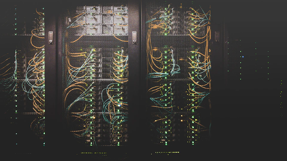 Data center server room with network infrastructure